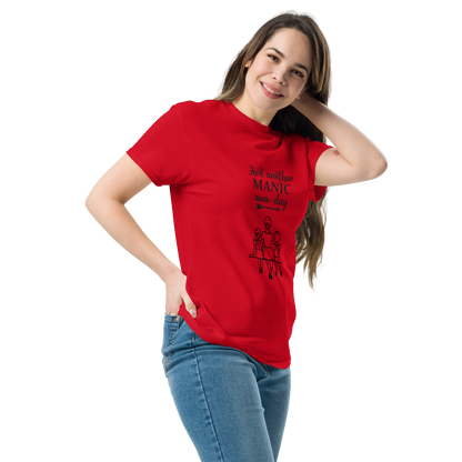Unisex red tee shirt with 'Don't Confuse MANIC Mom-Day' print, comfortable, breathable cotton blend.