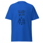 Blue unisex classic tee with 'Just another MANIC mom-day' design, made of breathable cotton poly blend.