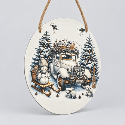 Vintage Christmas Car & Snowman Round Metal Sign – Handmade 10 Inch - The Bargains BasementVintage Christmas Car & Snowman Round Metal Sign – Handmade 10 Inch
