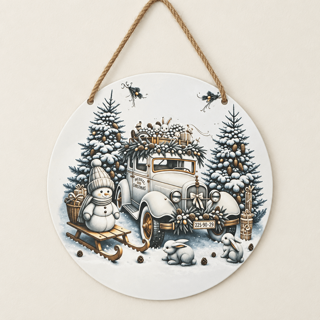 Vintage Christmas Car & Snowman Round Metal Sign – Handmade 10 Inch - The Bargains BasementVintage Christmas Car & Snowman Round Metal Sign – Handmade 10 Inch