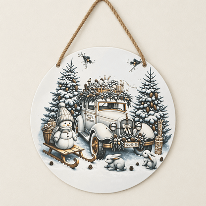 Vintage Christmas Car & Snowman Round Metal Sign – Handmade 10 Inch - The Bargains BasementVintage Christmas Car & Snowman Round Metal Sign – Handmade 10 Inch