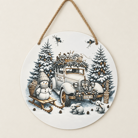 Vintage Christmas Car & Snowman Round Metal Sign – Handmade 10 Inch - The Bargains BasementVintage Christmas Car & Snowman Round Metal Sign – Handmade 10 Inch