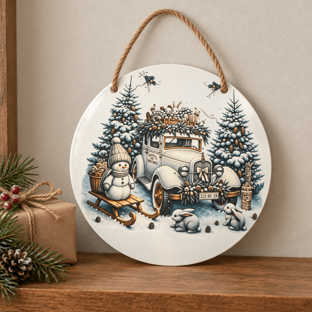 Vintage Christmas Car & Snowman Round Metal Sign – Handmade 10 Inch - The Bargains BasementVintage Christmas Car & Snowman Round Metal Sign – Handmade 10 Inch