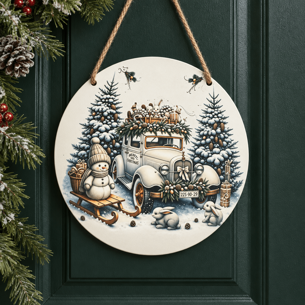 Vintage Christmas Car & Snowman Round Metal Sign – Handmade 10 Inch - The Bargains BasementVintage Christmas Car & Snowman Round Metal Sign – Handmade 10 Inch