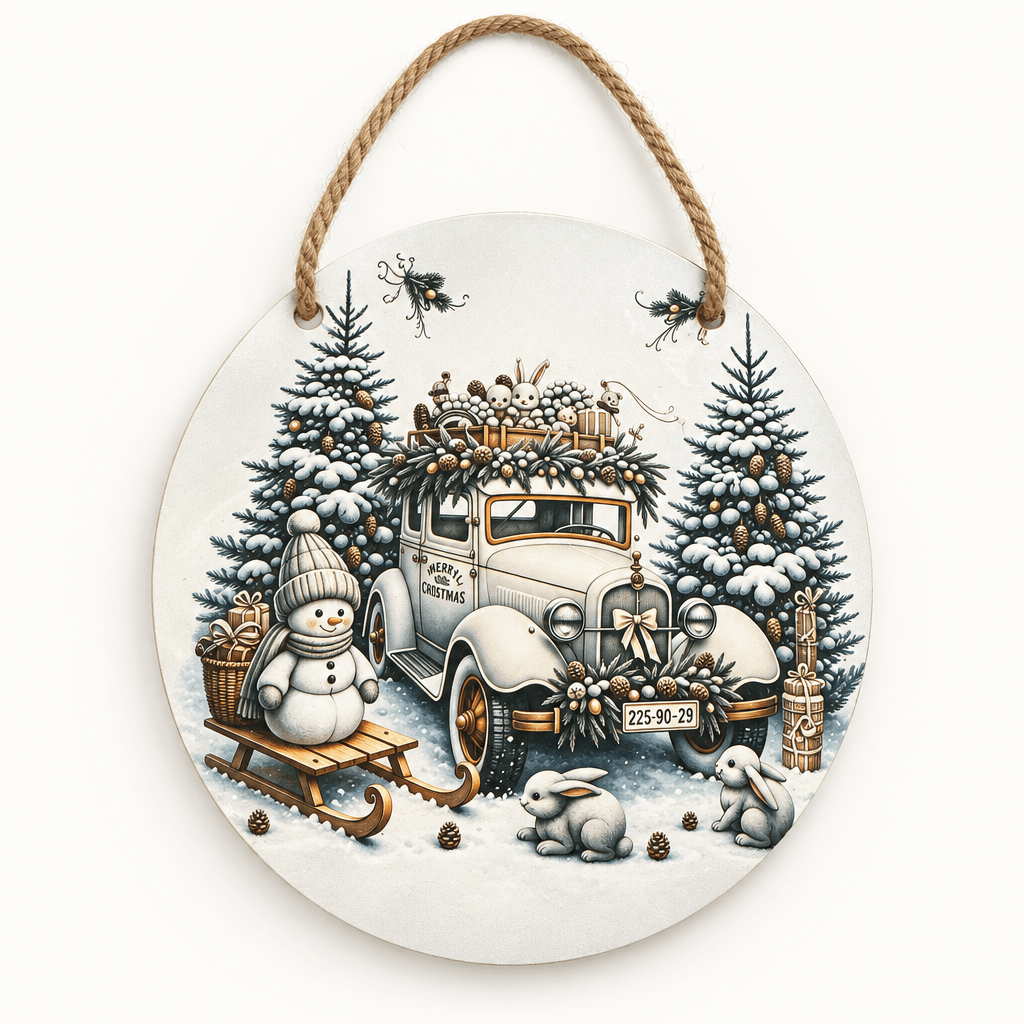 Vintage Christmas Car & Snowman Round Metal Sign – Handmade 10 Inch - The Bargains BasementVintage Christmas Car & Snowman Round Metal Sign – Handmade 10 Inch
