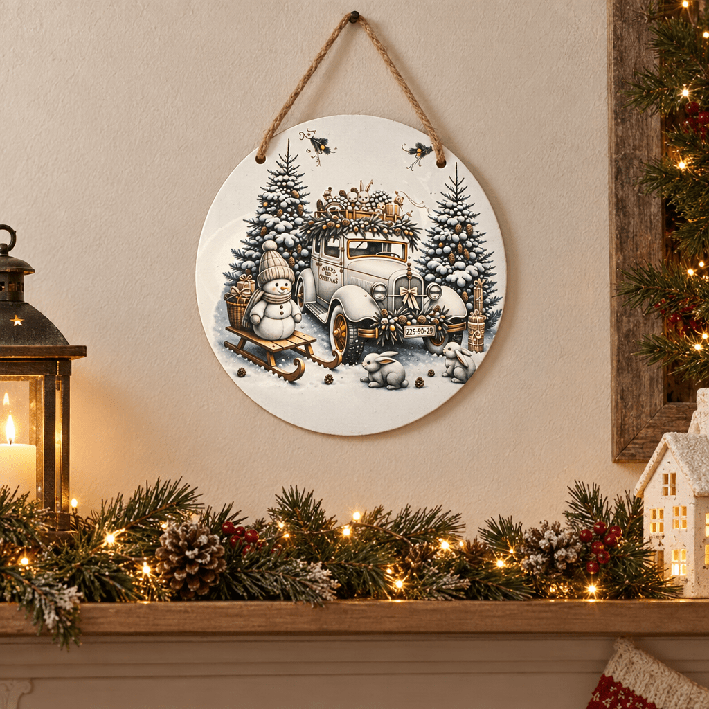 Vintage Christmas Car & Snowman Round Metal Sign – Handmade 10 Inch - The Bargains BasementVintage Christmas Car & Snowman Round Metal Sign – Handmade 10 Inch