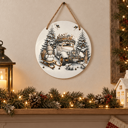 Vintage Christmas Car & Snowman Round Metal Sign – Handmade 10 Inch - The Bargains BasementVintage Christmas Car & Snowman Round Metal Sign – Handmade 10 Inch