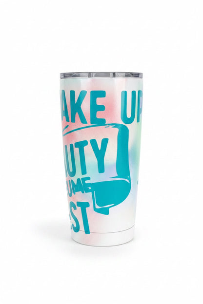 handmade motivational tumbler featuring the phrase "Wake Up Beauty, It's Time to Beast" in vibrant teal.