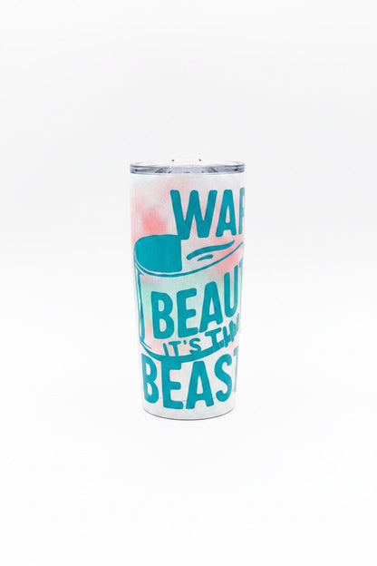 Handmade motivational tumbler with vibrant teal text and iridescent finish, perfect for daily inspiration.