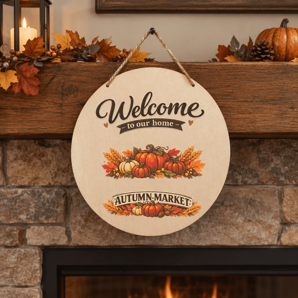 Welcome to Our Home Autumn Market 12-Inch Round Wood Sign - The Bargains BasementWelcome to Our Home Autumn Market 12-Inch Round Wood Sign