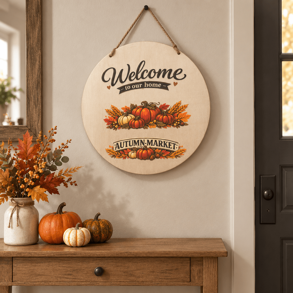 Welcome to Our Home Autumn Market 12-Inch Round Wood Sign - The Bargains BasementWelcome to Our Home Autumn Market 12-Inch Round Wood Sign