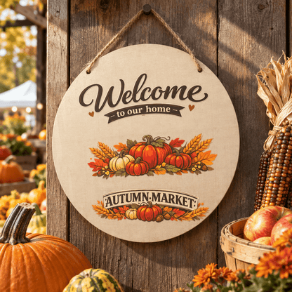 Welcome to Our Home Autumn Market 12-Inch Round Wood Sign - The Bargains BasementWelcome to Our Home Autumn Market 12-Inch Round Wood Sign