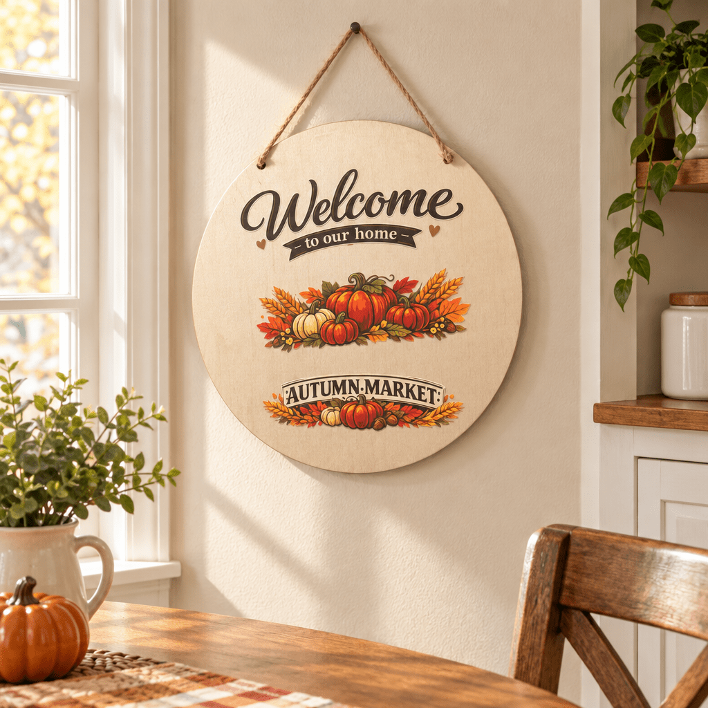 Welcome to Our Home Autumn Market 12-Inch Round Wood Sign - The Bargains BasementWelcome to Our Home Autumn Market 12-Inch Round Wood Sign