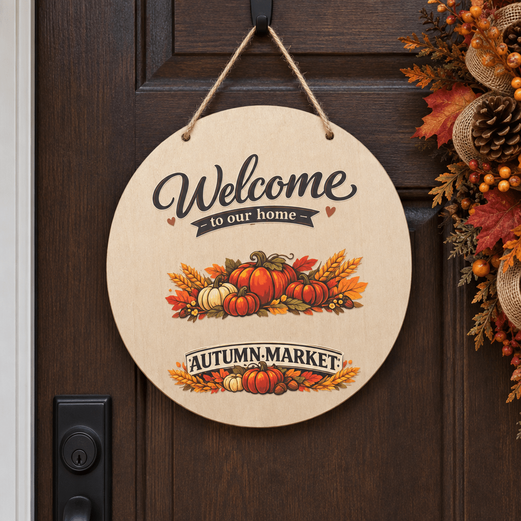 Welcome to Our Home Autumn Market 12-Inch Round Wood Sign - The Bargains BasementWelcome to Our Home Autumn Market 12-Inch Round Wood Sign