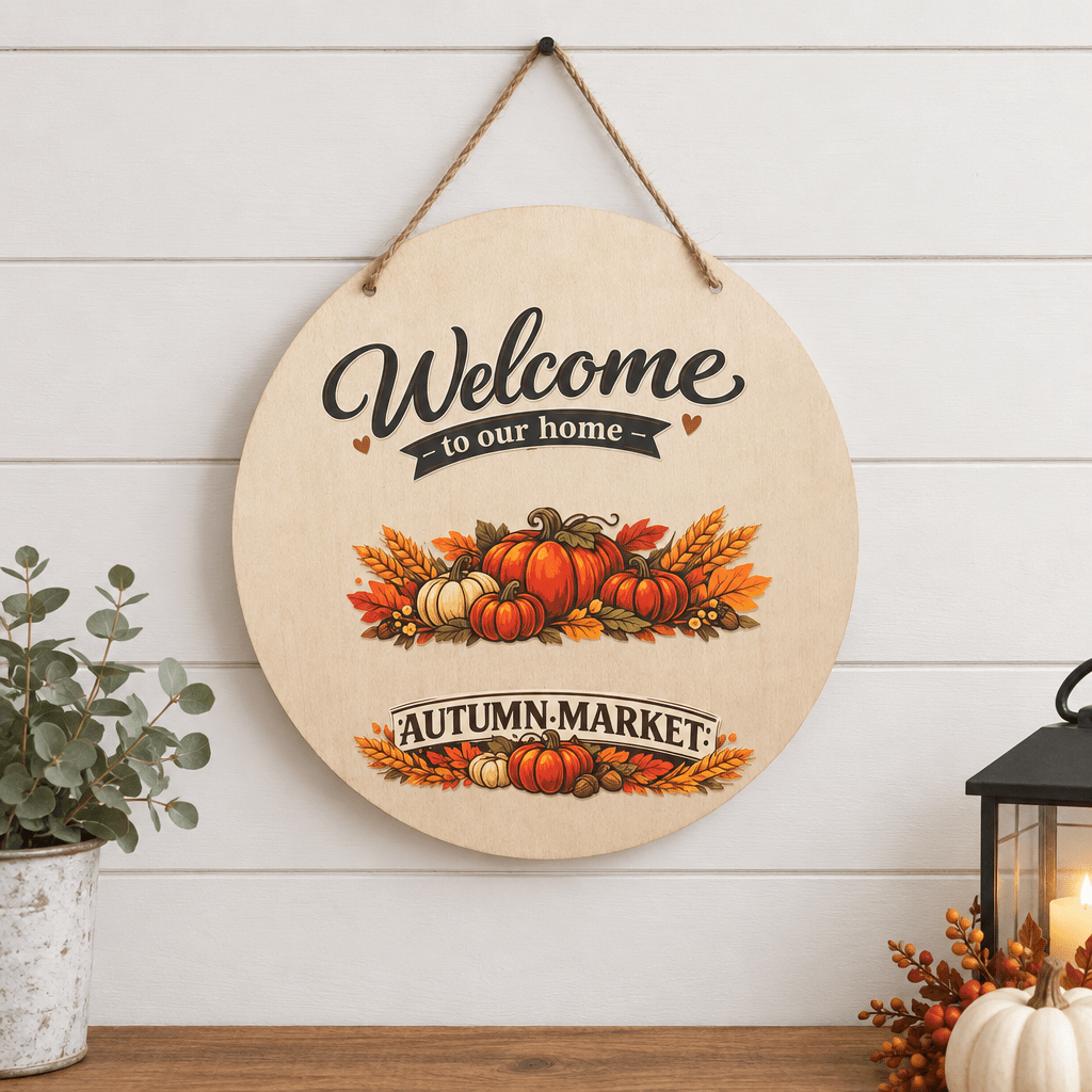 Welcome to Our Home Autumn Market 12-Inch Round Wood Sign - The Bargains BasementWelcome to Our Home Autumn Market 12-Inch Round Wood Sign