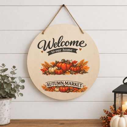 Welcome to Our Home Autumn Market 12-Inch Round Wood Sign - The Bargains BasementWelcome to Our Home Autumn Market 12-Inch Round Wood Sign