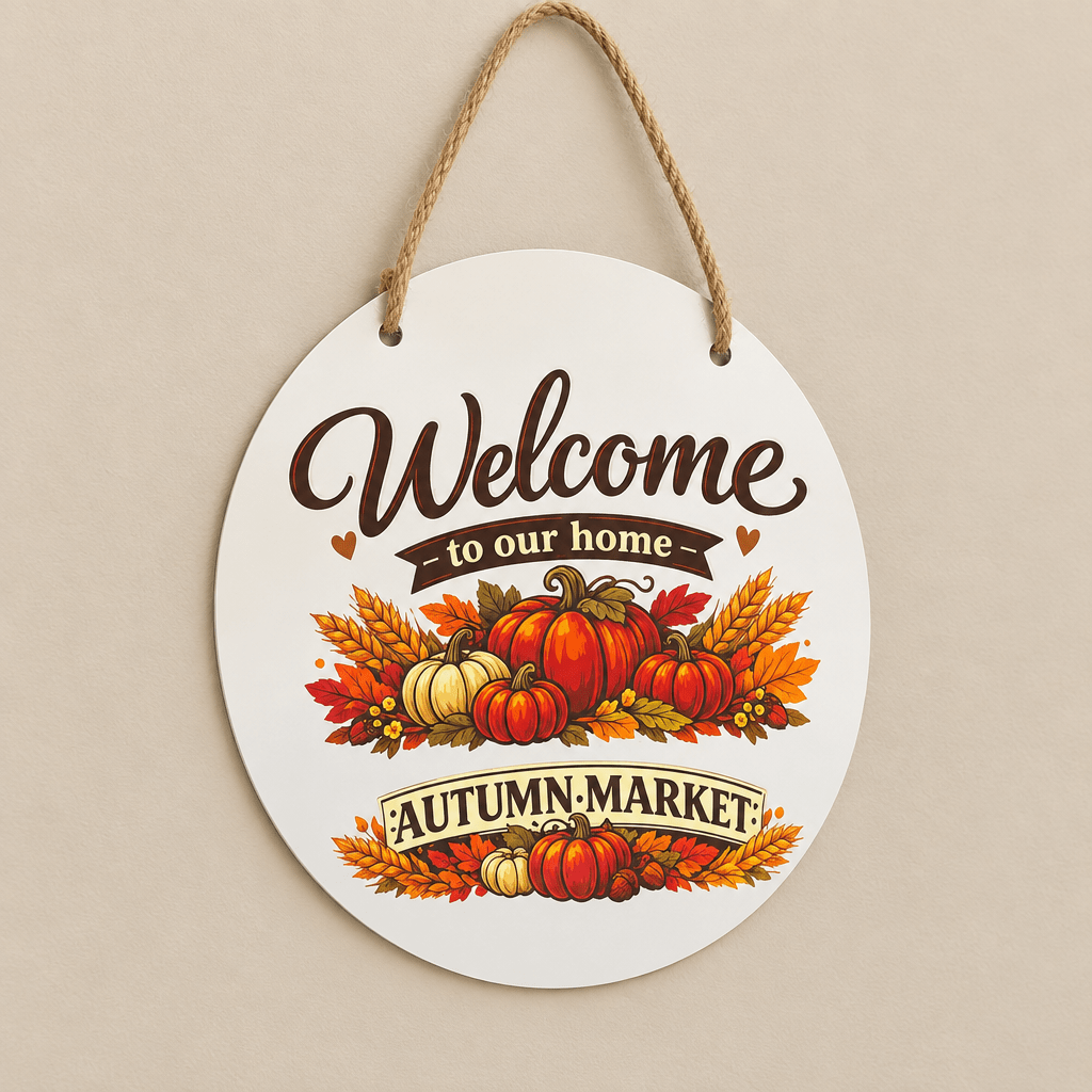 Welcome to Our Home Autumn Market White Metal Sign – 10 Inch - The Bargains BasementWelcome to Our Home Autumn Market White Metal Sign – 10 Inch