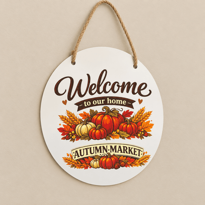 Welcome to Our Home Autumn Market White Metal Sign – 10 Inch - The Bargains BasementWelcome to Our Home Autumn Market White Metal Sign – 10 Inch