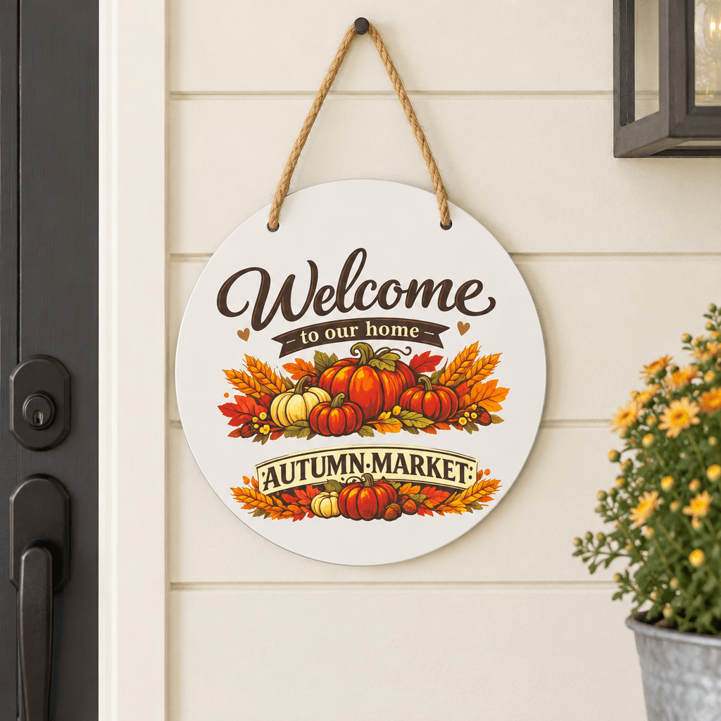 Welcome to Our Home Autumn Market White Metal Sign – 10 Inch - The Bargains BasementWelcome to Our Home Autumn Market White Metal Sign – 10 Inch