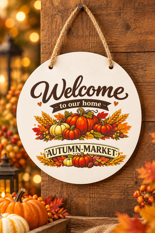 Welcome to Our Home Autumn Market White Metal Sign – 10 Inch - The Bargains BasementWelcome to Our Home Autumn Market White Metal Sign – 10 Inch