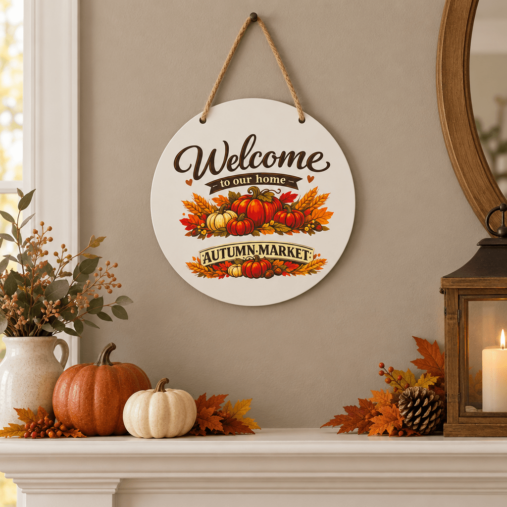 Welcome to Our Home Autumn Market White Metal Sign – 10 Inch - The Bargains BasementWelcome to Our Home Autumn Market White Metal Sign – 10 Inch