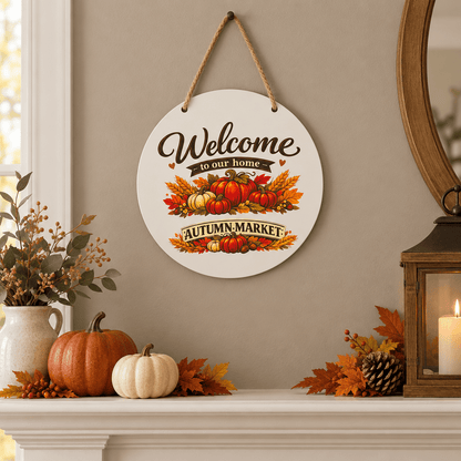Welcome to Our Home Autumn Market White Metal Sign – 10 Inch - The Bargains BasementWelcome to Our Home Autumn Market White Metal Sign – 10 Inch