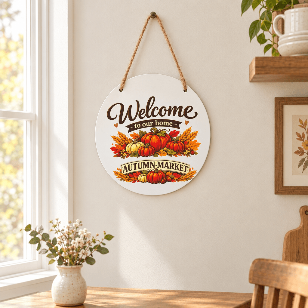 Welcome to Our Home Autumn Market White Metal Sign – 10 Inch - The Bargains BasementWelcome to Our Home Autumn Market White Metal Sign – 10 Inch