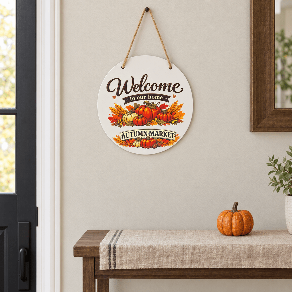 Welcome to Our Home Autumn Market White Metal Sign – 10 Inch - The Bargains BasementWelcome to Our Home Autumn Market White Metal Sign – 10 Inch
