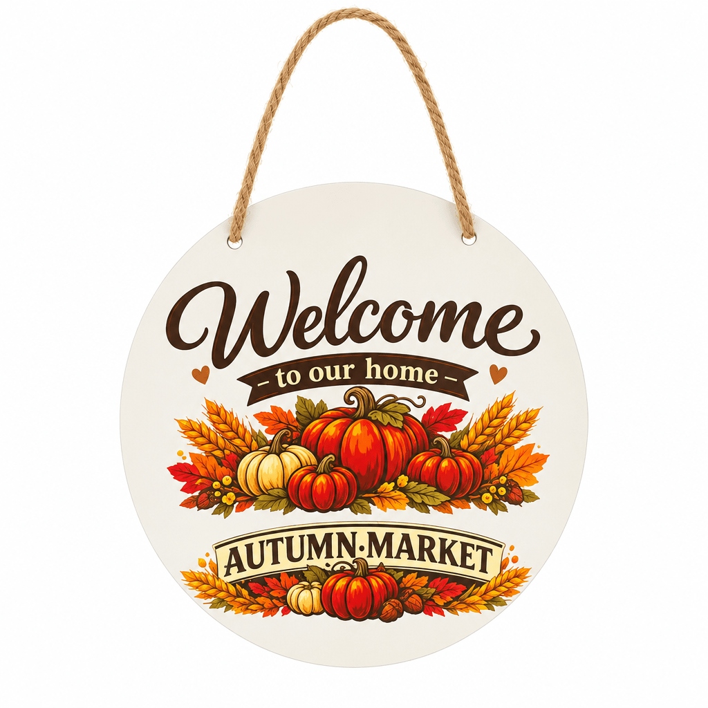 Welcome to Our Home Autumn Market White Metal Sign – 10 Inch - The Bargains BasementWelcome to Our Home Autumn Market White Metal Sign – 10 Inch
