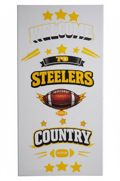 Welcome to Steelers Country wall art featuring a football graphic, stars, and bold colors, perfect for fans.