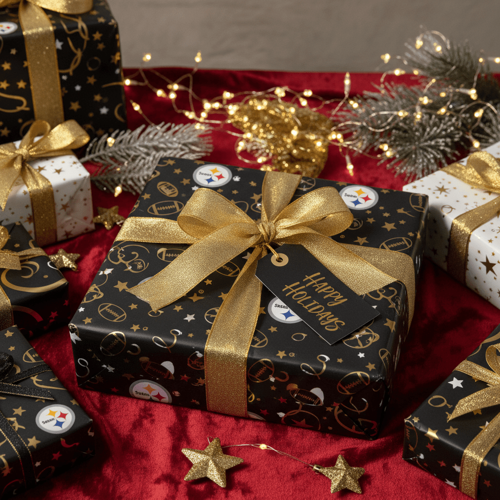 Beautifully wrapped gifts in black and gold Steelers theme, perfect for Steelers country wall art fans during holidays.