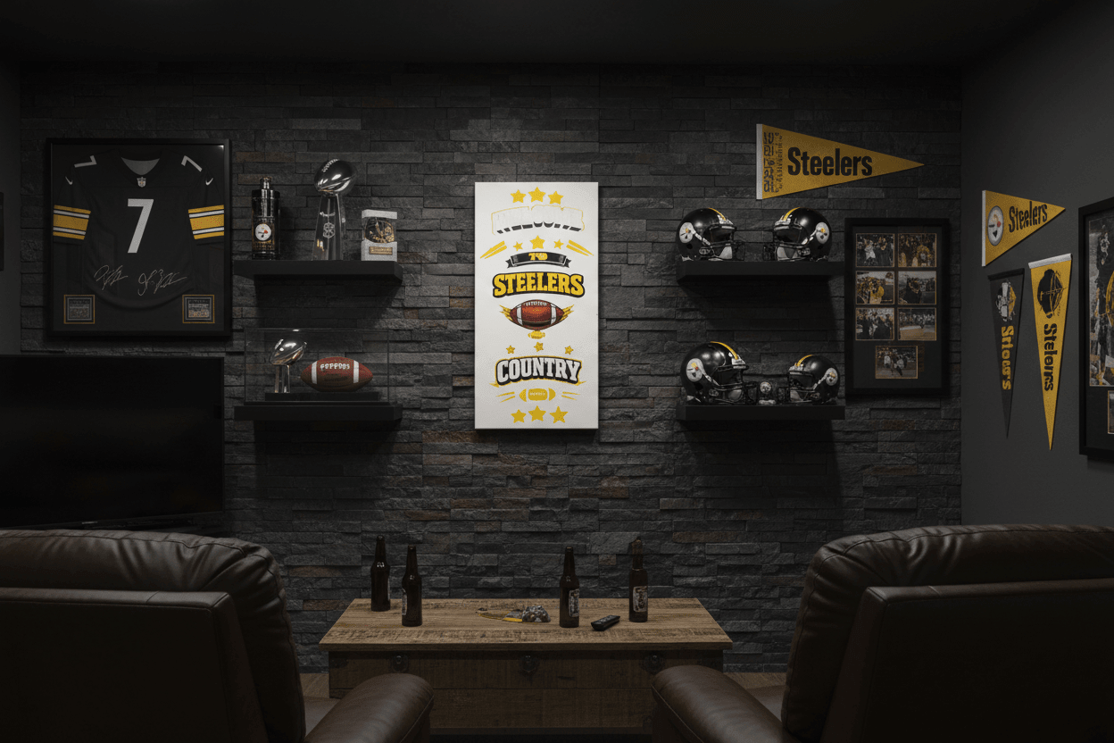 Steelers country wall art displayed in a stylish man cave with Steelers memorabilia and decor.