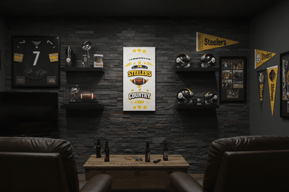 Steelers country wall art displayed in a stylish man cave with Steelers memorabilia and decor.