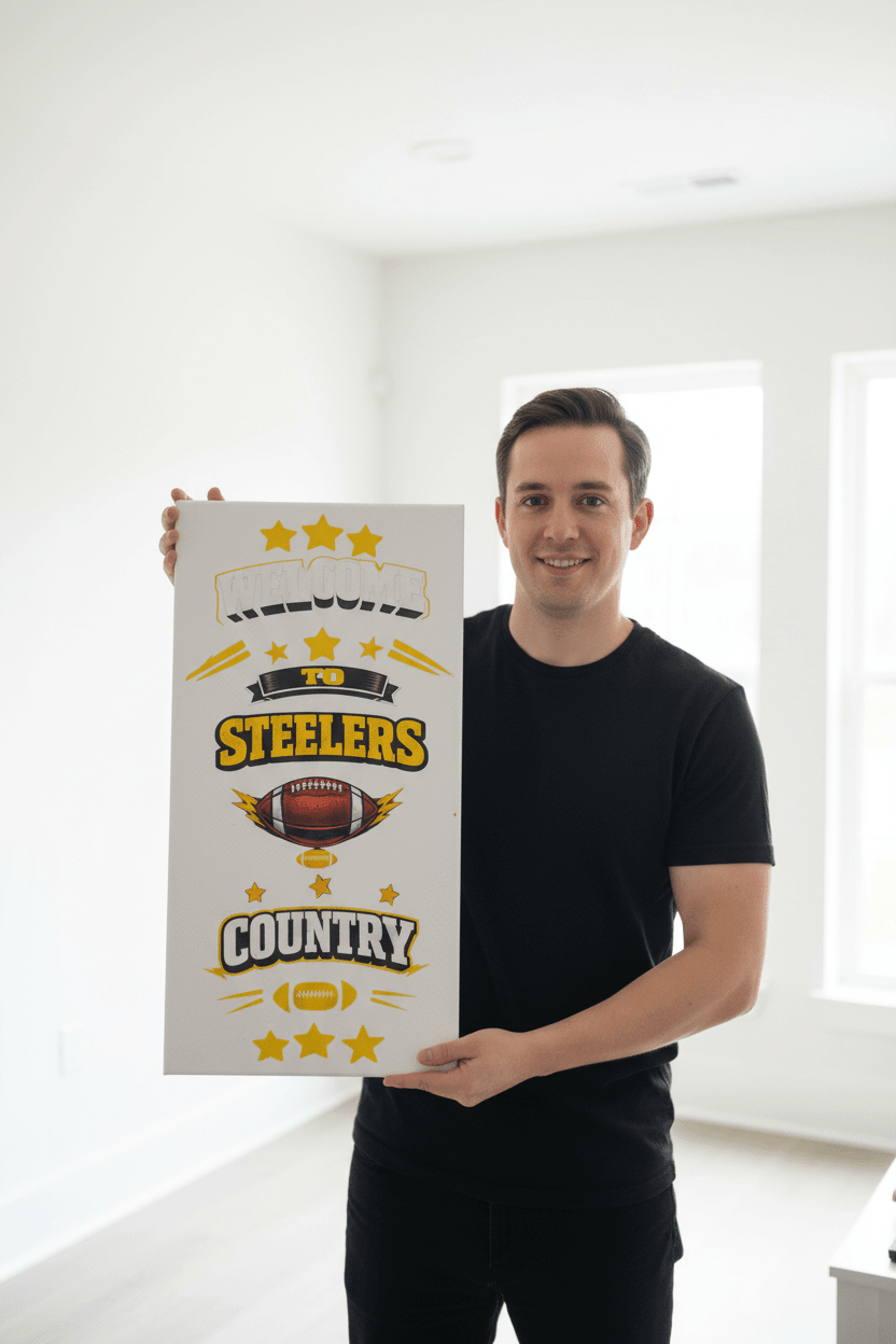 A person holding a handmade canvas sign that reads 'Welcome to Steelers Country' showcasing black and gold design elements.