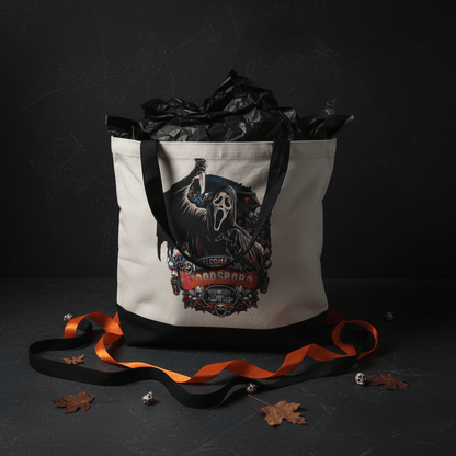 Welcome to Woodsboro Ghostface Canvas Tote Bag | Handmade | Scream Horror Gift - The Bargains BasementWelcome to Woodsboro Ghostface Canvas Tote Bag | Handmade | Scream Horror Gift