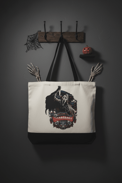 Welcome to Woodsboro Ghostface Canvas Tote Bag | Handmade | Scream Horror Gift - The Bargains BasementWelcome to Woodsboro Ghostface Canvas Tote Bag | Handmade | Scream Horror Gift