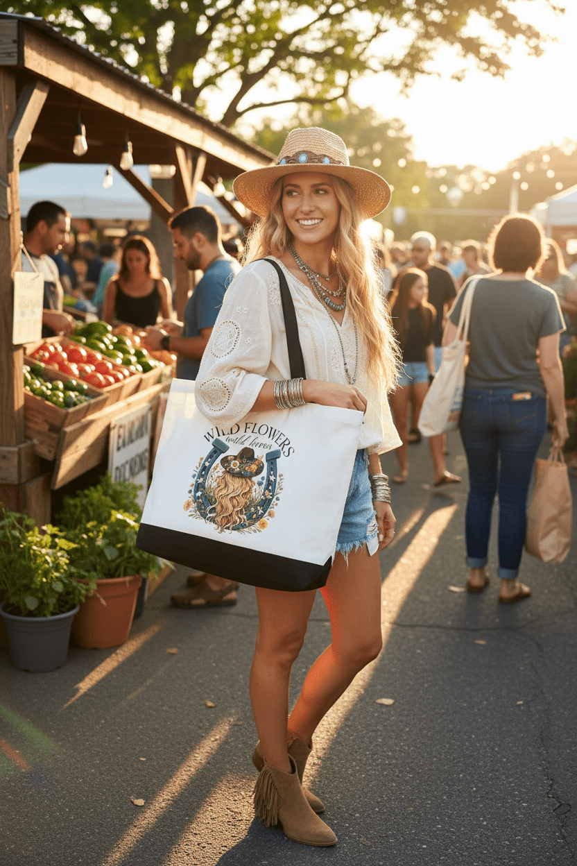 Wild Flowers Wild Horses | Handmade Canvas Tote Bag | Western Boho Cowgirl Gift - The Bargains BasementWild Flowers Wild Horses | Handmade Canvas Tote Bag | Western Boho Cowgirl Gift