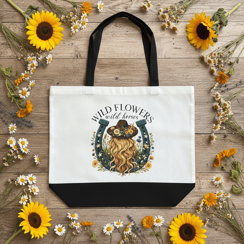 Wild Flowers Wild Horses | Handmade Canvas Tote Bag | Western Boho Cowgirl Gift - The Bargains BasementWild Flowers Wild Horses | Handmade Canvas Tote Bag | Western Boho Cowgirl Gift