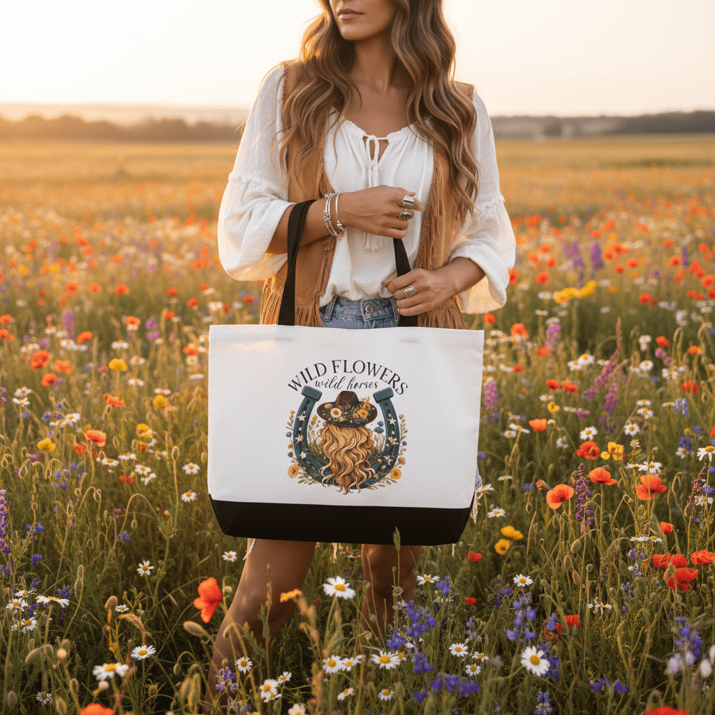 Wild Flowers Wild Horses | Handmade Canvas Tote Bag | Western Boho Cowgirl Gift - The Bargains BasementWild Flowers Wild Horses | Handmade Canvas Tote Bag | Western Boho Cowgirl Gift