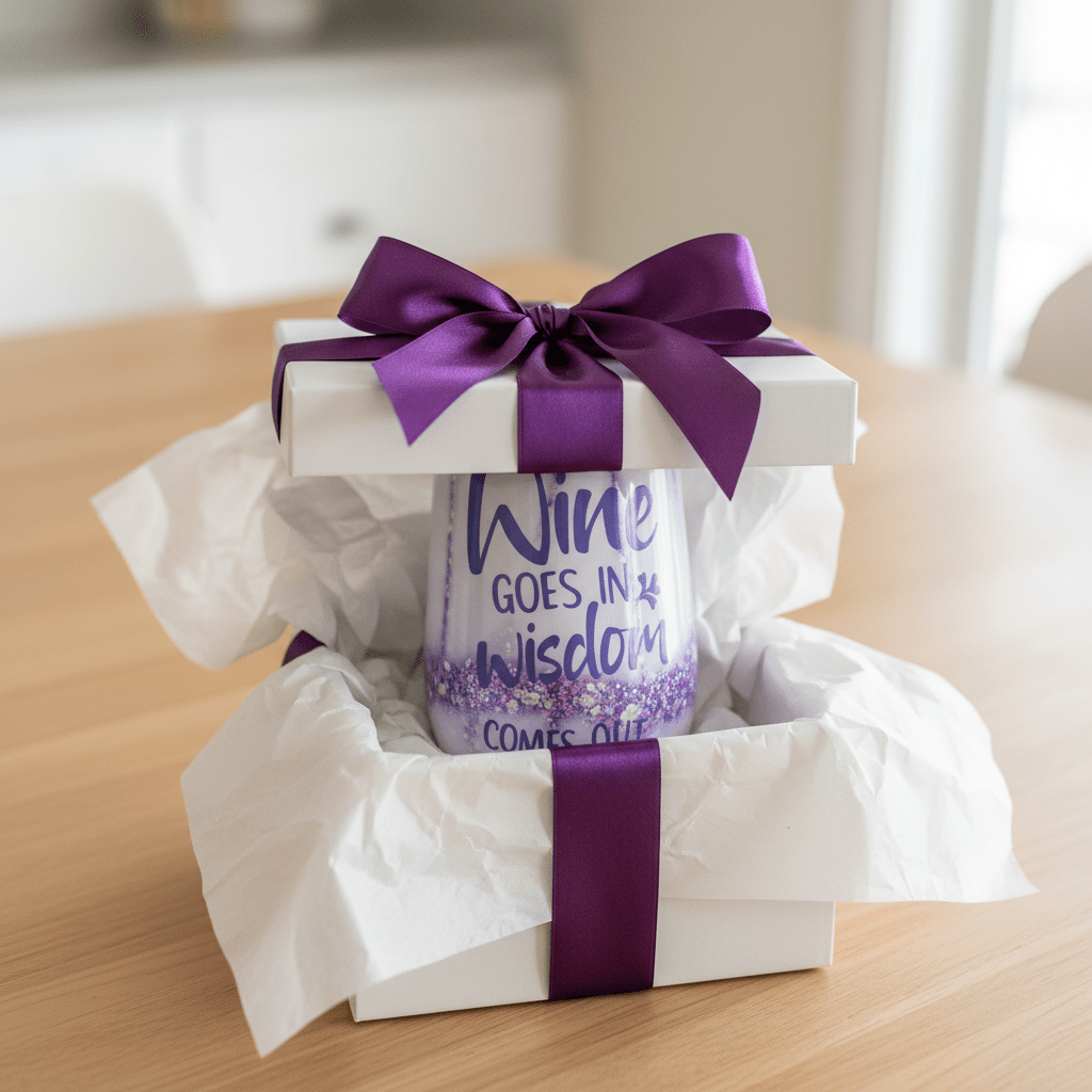 Stemless wine tumbler in a gift box with a purple ribbon, featuring 'Wine Goes In, Wisdom Comes Out' design.