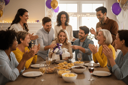Group celebrating with a woman opening a gift featuring a stemless wine tumbler that says 'Wine Goes In, Wisdom Comes Out'.
