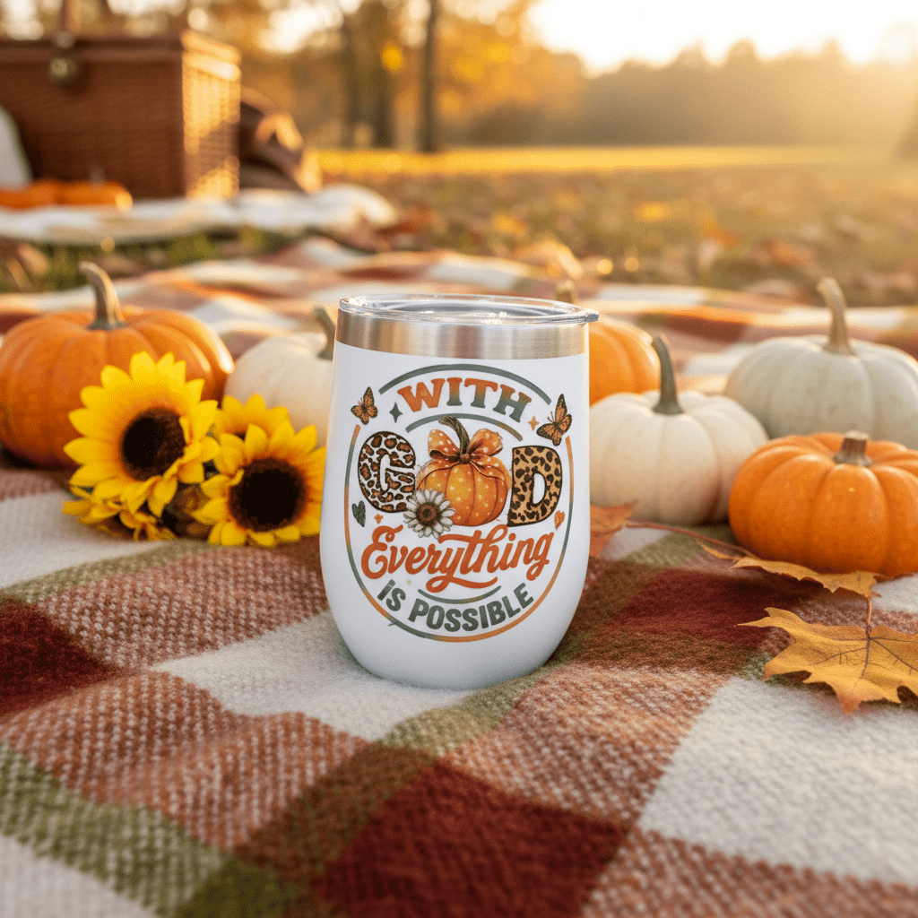 With God Everything Is Possible | Fall Pumpkin Leopard Print Stemless Wine Tumbler - The Bargains BasementWith God Everything Is Possible | Fall Pumpkin Leopard Print Stemless Wine Tumbler