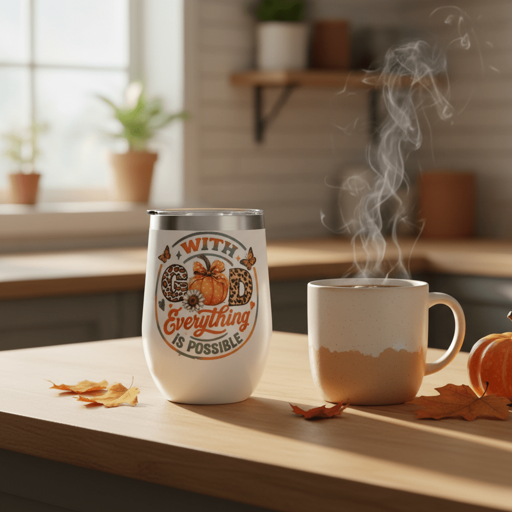 With God Everything Is Possible | Fall Pumpkin Leopard Print Stemless Wine Tumbler - The Bargains BasementWith God Everything Is Possible | Fall Pumpkin Leopard Print Stemless Wine Tumbler