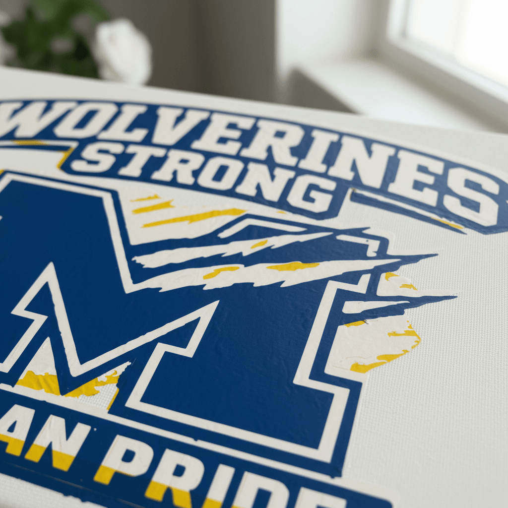 Wolverines Strong Michigan Pride Canvas Sign showcasing the Michigan 'M' with claw marks in maize and blue colors.
