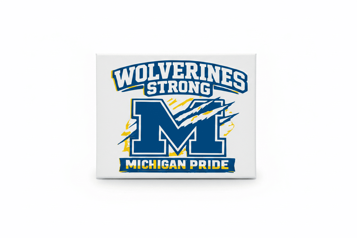 Wolverines Strong Michigan Pride Canvas Sign with iconic "M" and claw marks in maize and blue colors.