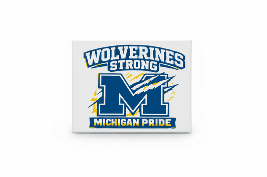 Wolverines Strong Michigan Pride Canvas Sign with iconic "M" and claw marks in maize and blue colors.