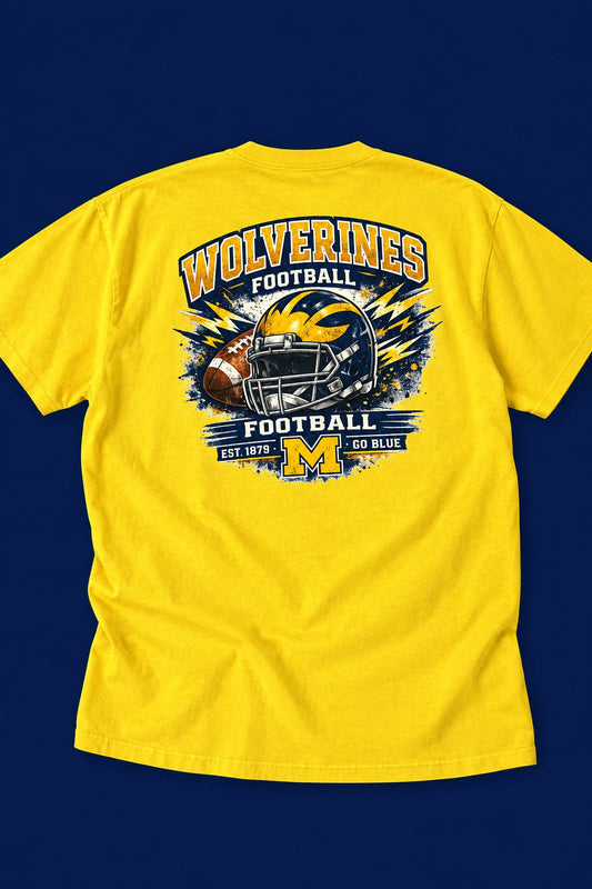 Yellow Wolverines Football Graphic T-Shirt – Large - The Bargains BasementYellow Wolverines Football Graphic T-Shirt – Large