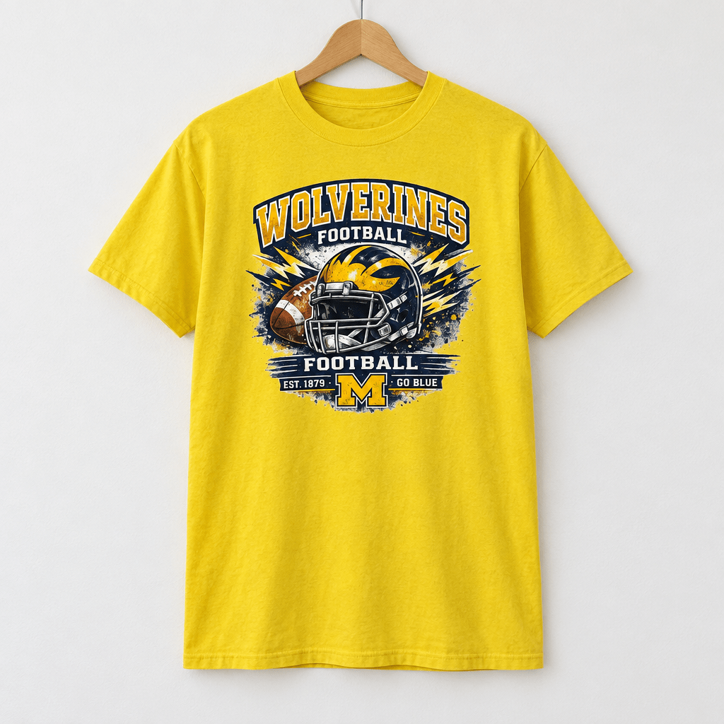 Yellow Wolverines Football Graphic T-Shirt – Large - The Bargains BasementYellow Wolverines Football Graphic T-Shirt – Large