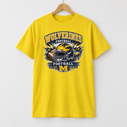 Yellow Wolverines Football Graphic T-Shirt – Large - The Bargains BasementYellow Wolverines Football Graphic T-Shirt – Large