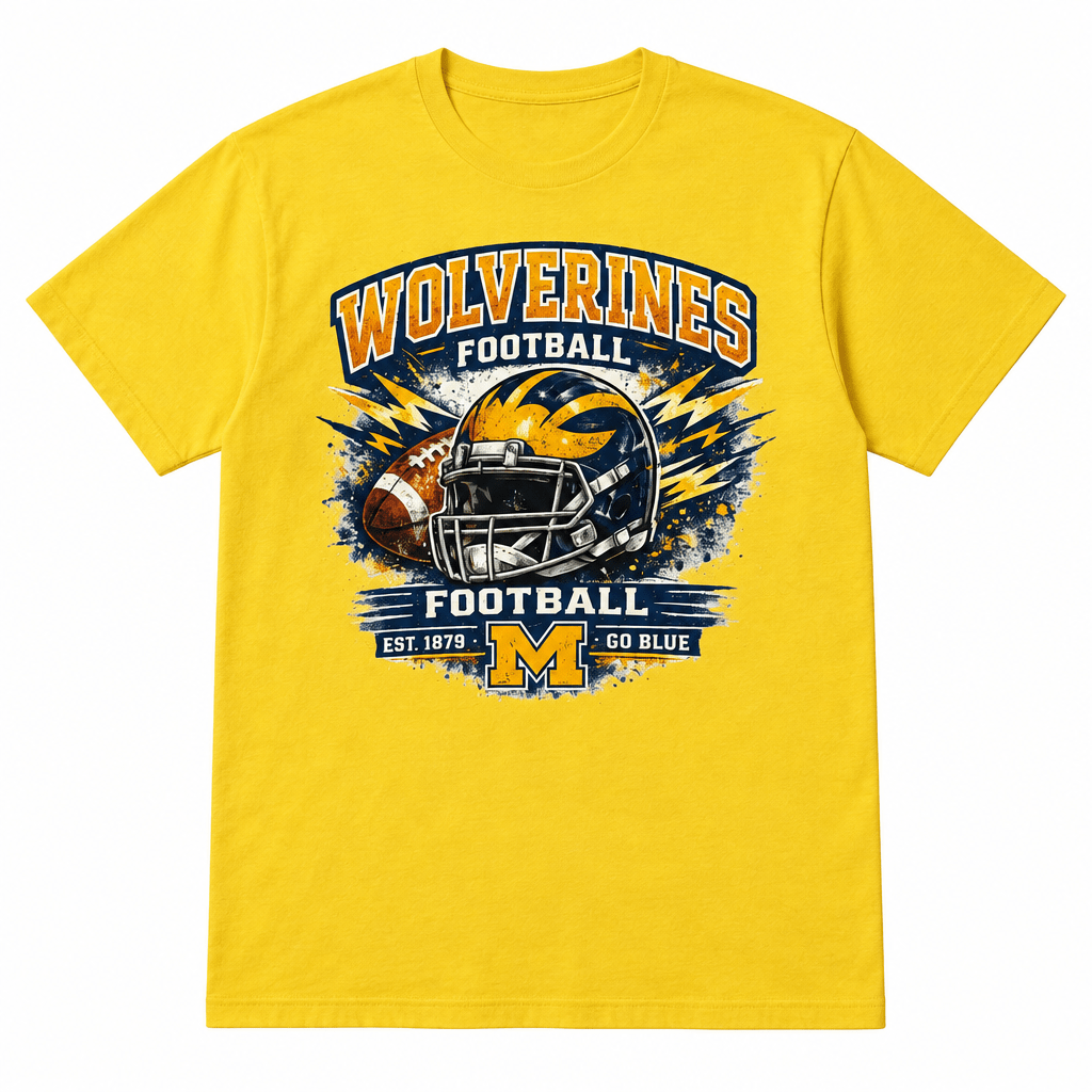 Yellow Wolverines Football Graphic T-Shirt – Large - The Bargains BasementYellow Wolverines Football Graphic T-Shirt – Large